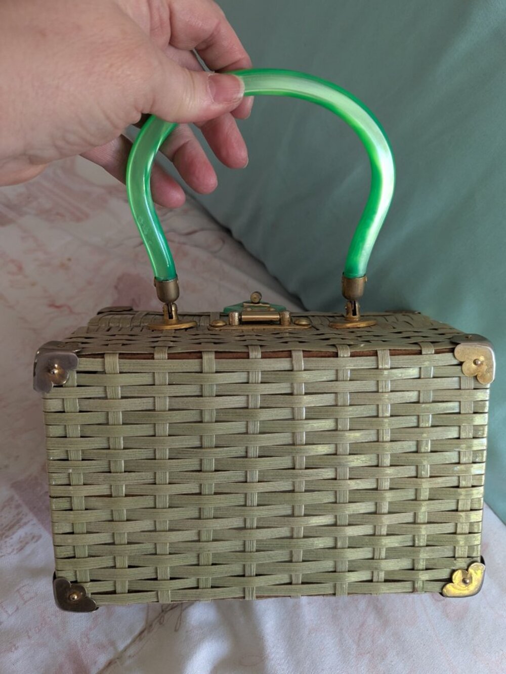 Vintage Stylecraft Box Purse Lucite latch And Handle 1950's-60's Moss Green - Picture 3 of 11